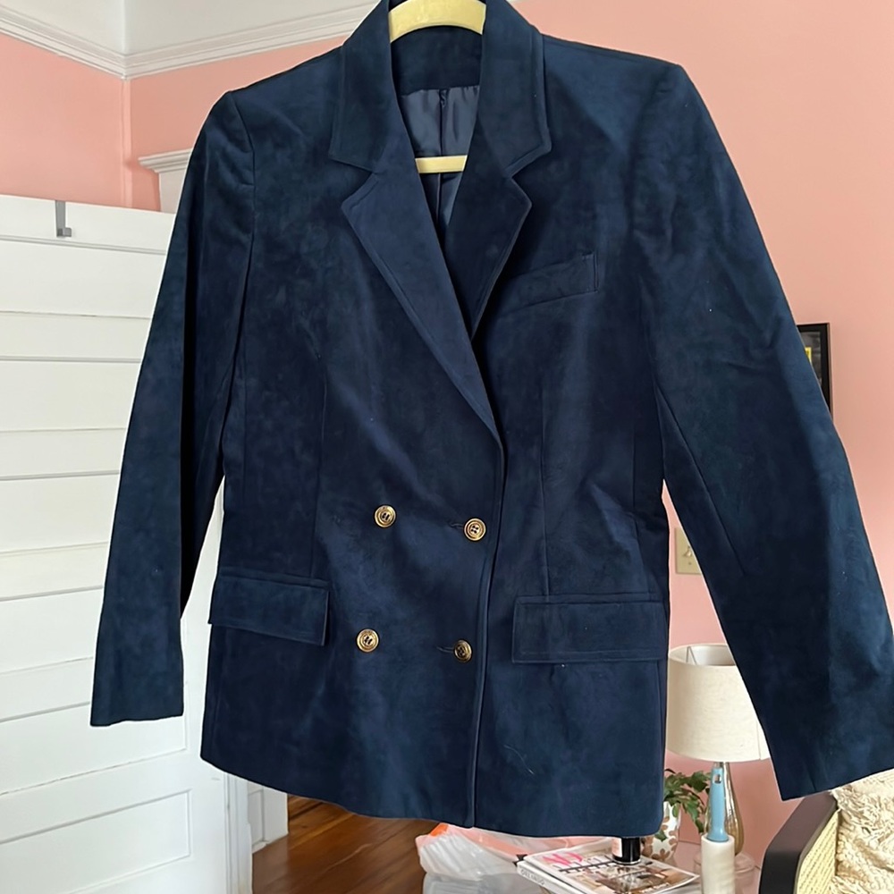 Vintage Ultrasuede Blue Navy Jacket Blazer Gold Buttons